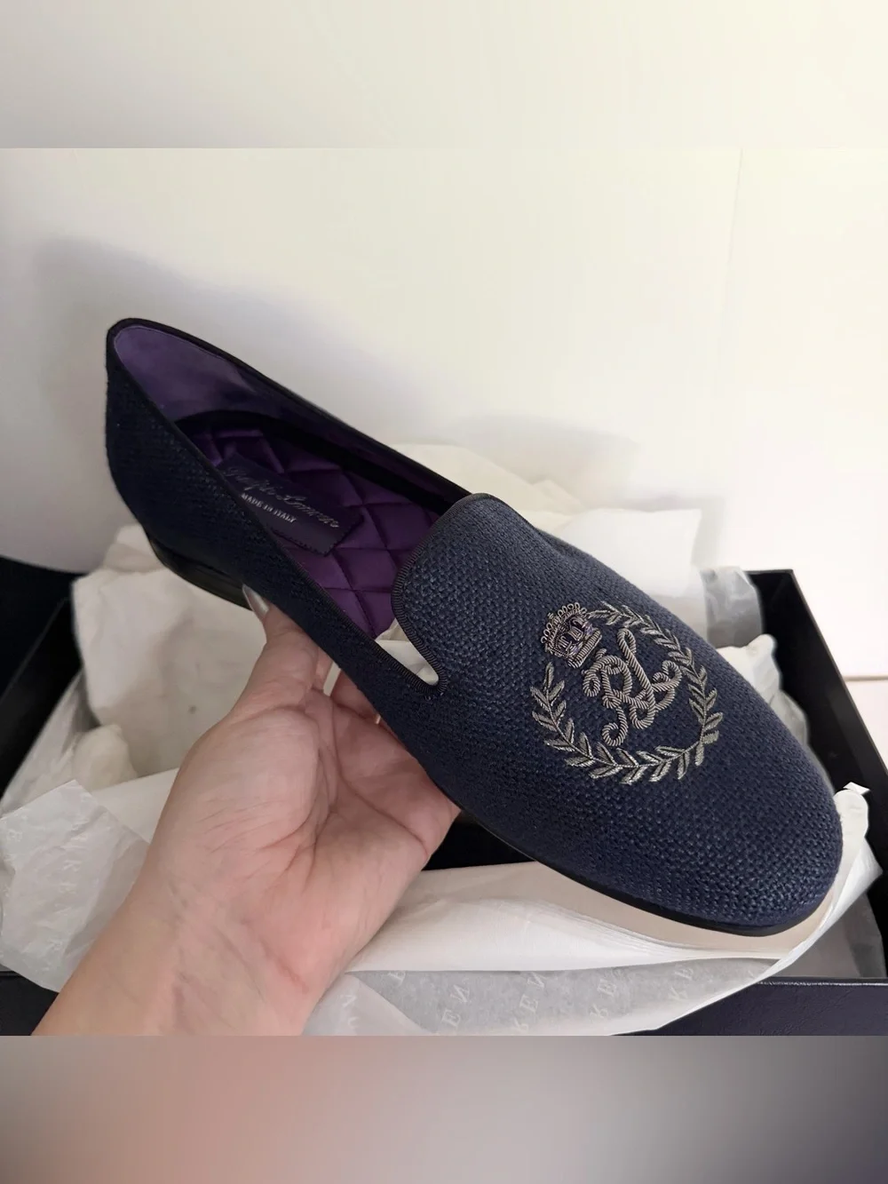 Ralph Lauren Purple Label Alonzo Bullion Crest Linen Slipper in Navy NWT NIB